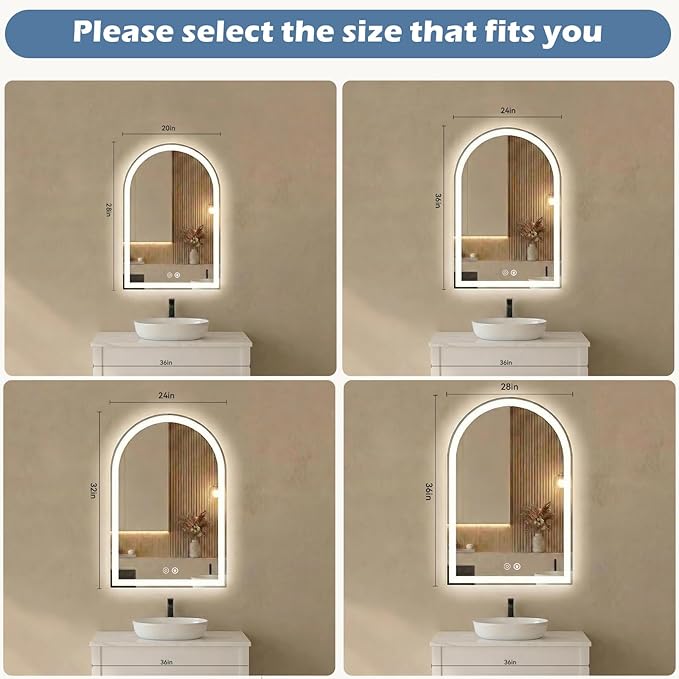 Sweetcrispy 20“×28” LED Bathroom Backlit Mirror with Lights, Arched Vanity Mirror with Anti-Fog, Dimmable, 3-Color Light, Memory Function, Tempered Glass