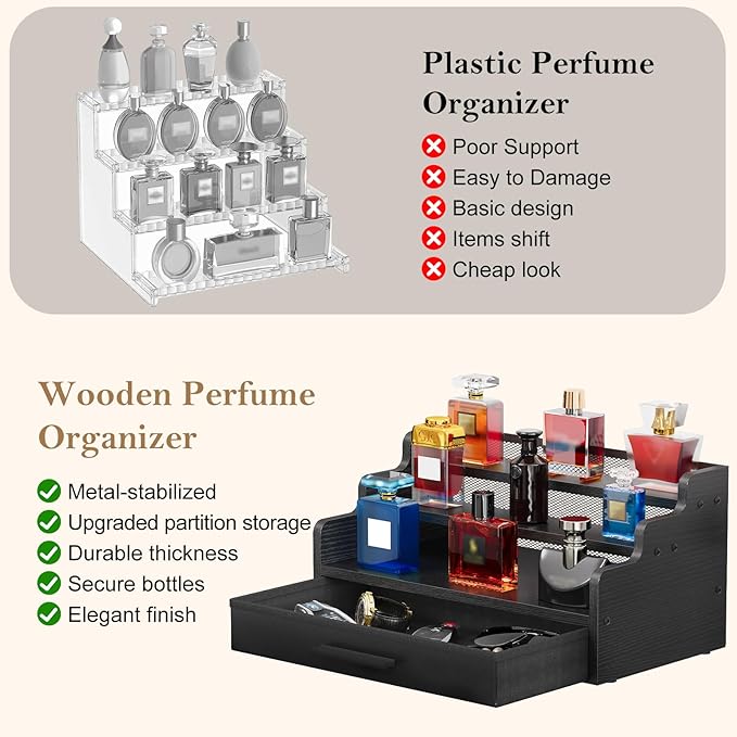 Cologne Stand for Men, 3 Tier Black Wooden Perfume Organizer with Drawer Storage, Perfume Display Shelf for Cologne, Watch, Skincare and Makeup, Perfect Birthday/Christmas Gift for Lovers & Fathers