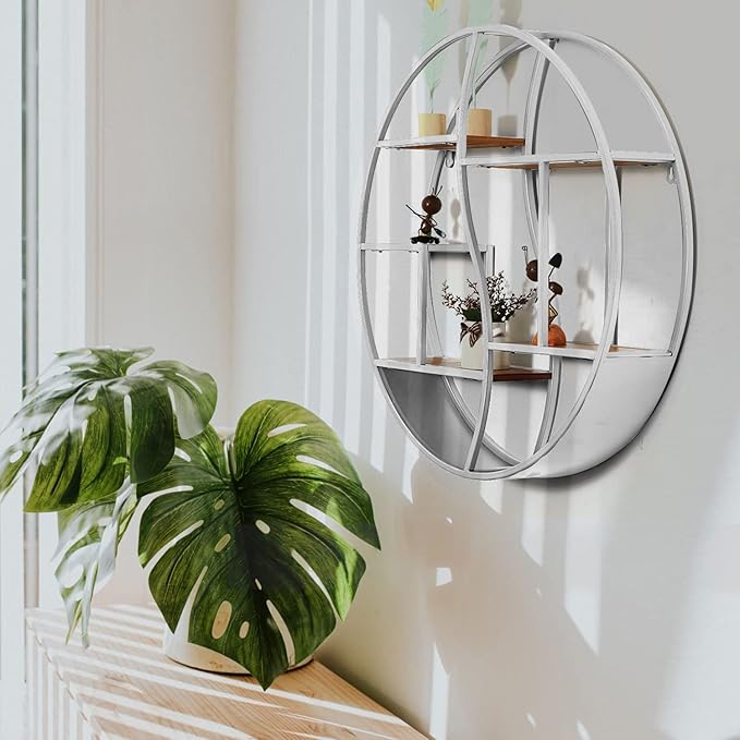 Round Wall Shelf,24 inch Metal Circle Shelf Wood Floating Shelves,Rustic Silver Wall Mounted Display Organizer Shelf for Fireplace,Living Room,Bathroom
