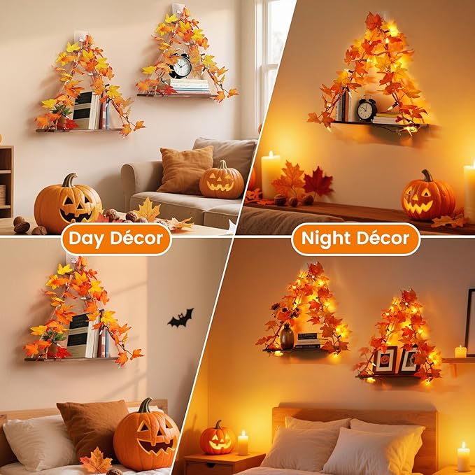 Fall Wall Decor Macrame Wall Hanging Shelf with Fall Lighted Garland,2 Pack Fall Leaves Garland Lights Boho Floating Shelves for Bedroom Living Room Boho Wall Décor, Fall Decorations for Home