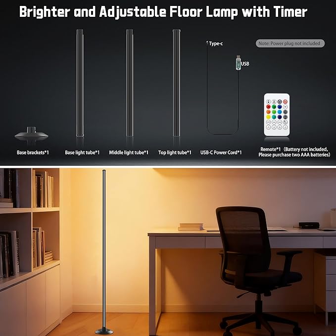 NBBUFF Led Corner Floor Lamp USB Powered with App & Remote Control, Color Changing Led Lamp Music Sync IC+RGBW, Timer, 64+ Music Modes, Standing Lamps for Living Room Lamp Bedroom Gaming Room, 1 Pack