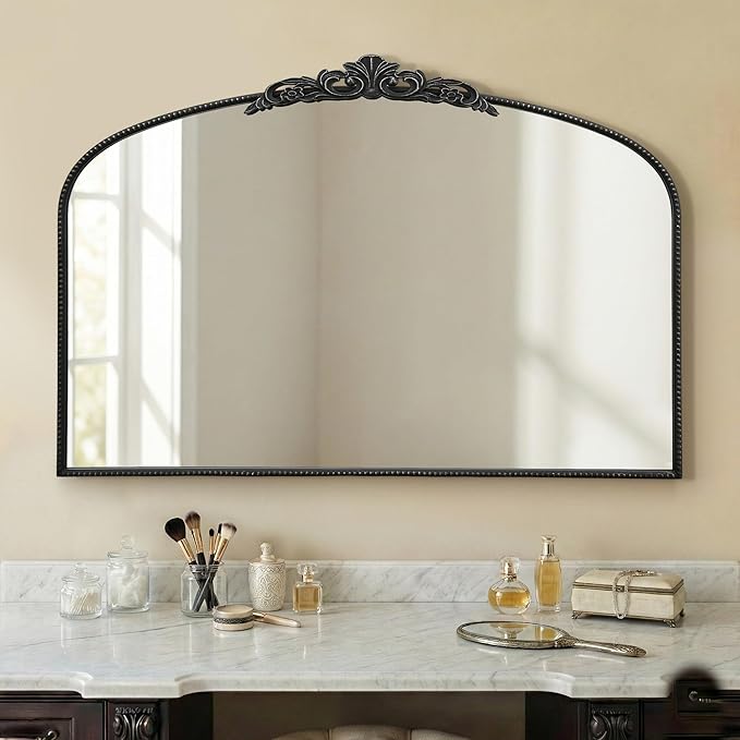 Micasso Large Vintage Black Mirror: 48"x 33" French Baroque Antique Mirror - Traditional Ornate Decorative Wall Mounted Arched Mirrors for Wall/Fireplace/Entryway/Hallway - Home Decor for Living Room