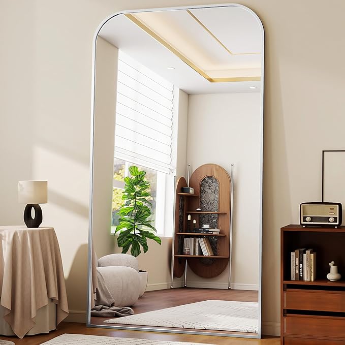 Full Length Mirror 86"x40" Arched Floor Standing Large Mirrors Full Body Mirror with Stand - with Aluminum Frame for Bedroom Living Room, Silver