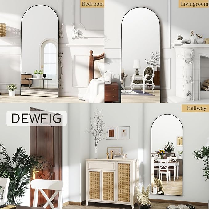 Dewfig Arched Full Length Mirror, 64"x21" Large Floor Mirrors with Stand, Full Body Mirror for Leaning Hanging, Standing Mirrors for Bedroom, Living Room,Dressing Room, Aluminum Alloy Frame, Black