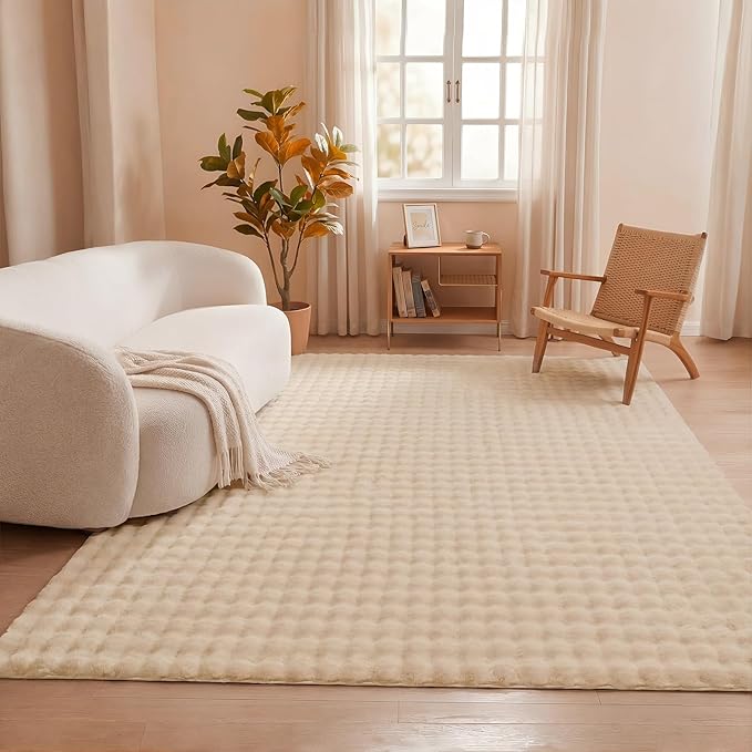 Pauwer Area Rugs for Living Room, 5x7 Fluffy Faux Fur Rug Non Slip Machine Washable Soft Shaggy Indoor Floor Carpet for Bedroom Dorms Playroom, Beige