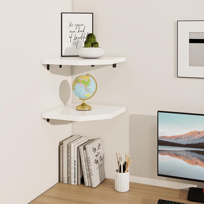 Fun Memories Corner Shelf Wall Mount, Solid Oak Wood Floating Corner Shelves with Cable Hole, 10in Rustic Design for Bedroom, Bathroom, Kitchen, Living Room (White, 1 Pack)