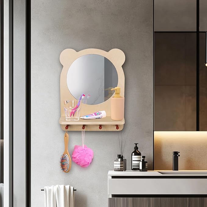 ODOXIA Toddler Self Care Station | Montessori Shelf with Hooks and Mirror | Montessori Bathroom Station | Mirror with Shelf and Hooks | Bathroom Organizer for Kids | Encourage Independence