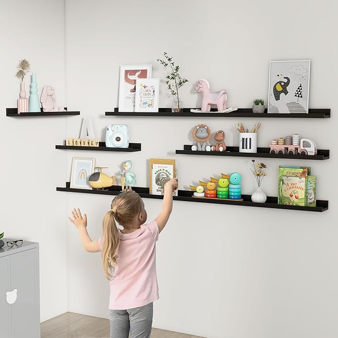 FLYJOE Picture Ledge Shelf, Floating Shelves Set of 2, 56 Inches Long Large Nursery Book Shelves for Toys Storage, Kids Bookshelf Wall Mounted for Living Room Bedroom Decor Books Photo Frames, Black
