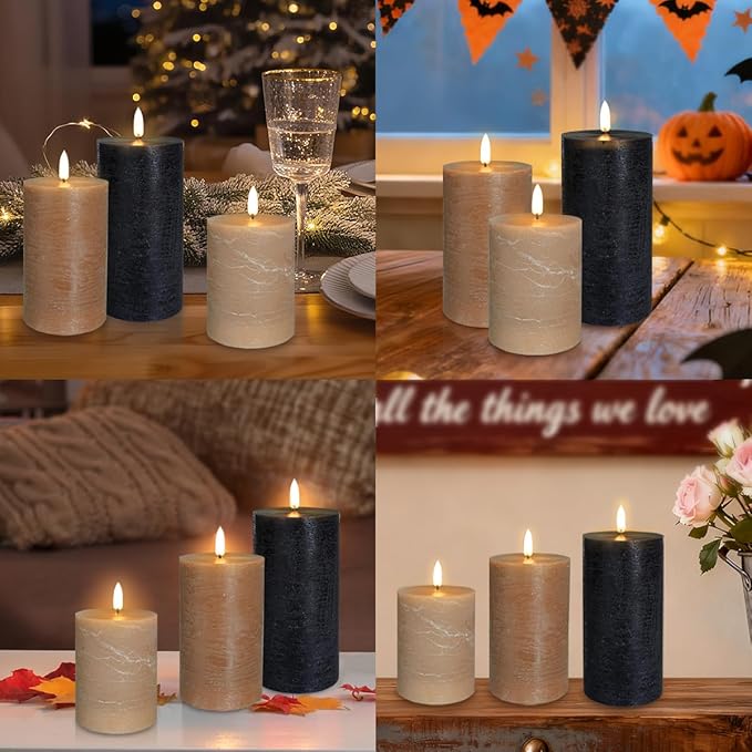 Rechargeable Flameless LED Pillar Candles–Luminous Real Wax Indoor Home Decor–Set of 3, Realistic Flickering LED Flame,Remote & Timer, USB-Rechargeable(Caramel Beige)