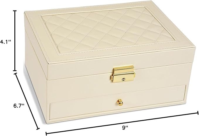 GUOER Jewelry Box for Women Girl Wife - Large PU Leather Jewelry Organizer Storage Case with Two Layers Display for Earrings Bracelets Rings Watches (Apricot)