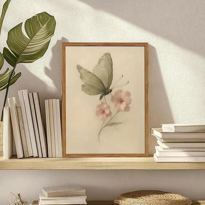 Framed Vintage Wall Art, Butterfly and Pink Floral Pictures Wall Decor, Retro Flower Moth Painting Canvas Prints Cottagecore Home Decor Aesthetic for Living Room Bedroom Bathroom 16x24 inch