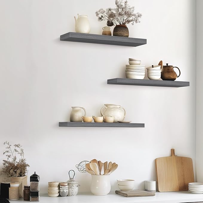 BAYKA Grey Floating Shelves for Wall 22.5 inch, Wall Mounted Shelf for Bedroom, Living Room, Kitchen ā Wood with Hidden Metal Brackets, 22LBS Capacity, 6.7ā Deep ā Storage for Books, Plants, Decor