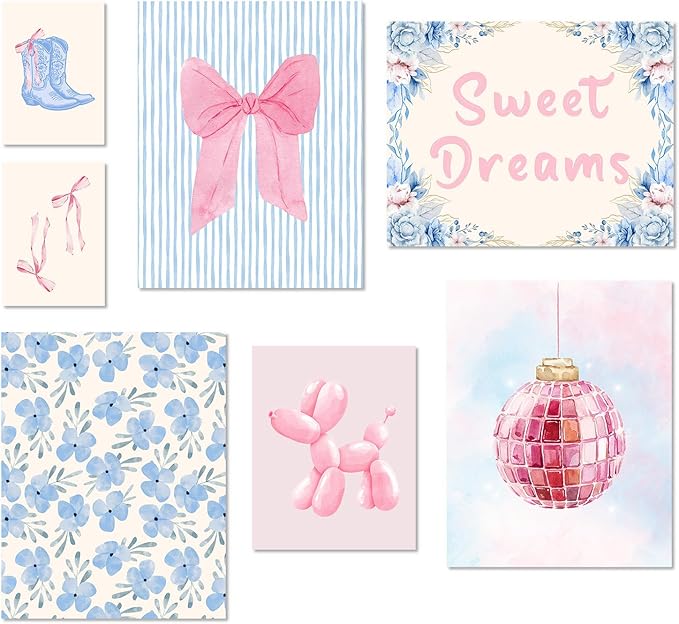 Habseligkeit Pink Posters for Room Aesthetic, Cute Wall Art Prints, Wall Decor Eclectic Home Decor Girls Bedroom Living Room Unframed, Set of 7