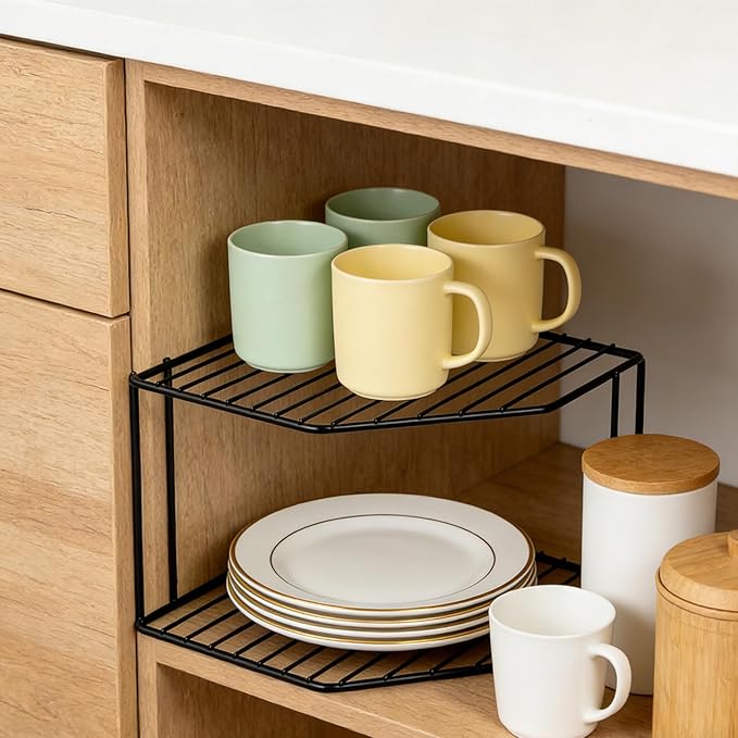 2Pcs 2-Tier Corner Stackable Organizer Shelf - Cabinet Storage Shelf Rack, Shelves,Kitchen Counter and Cabinet Shelf, Storage Rack Organizer for Kitchen (Black)