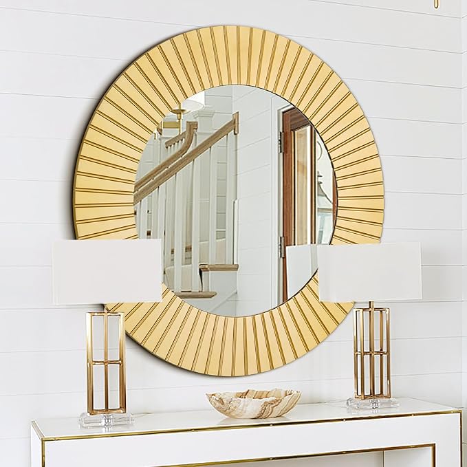 Chende 42'' Round Gold Mirror for Living Room, Large Decorative Mirror for Wall with Wood Frame, Elegant Accent Gold Mirrors for Bathroom, Entryway, Bedroom