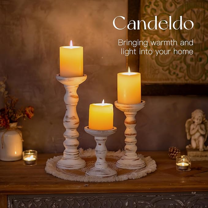 Candeldo Wood Candle Holders for Pillar: Rustic Candles Holder Set of 3 Tall Table Centerpiece Decor Wooden White Farmhouse Decorations for Fireplace Mantle
