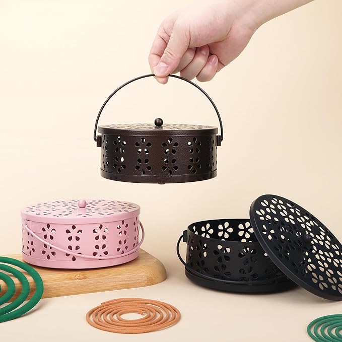 2-Pack Citronella Coil Holder Portable Iron Mosquito Coil Holder Incense Burner with Lid and Handle Round Coil Incense Holder (Bronze/Pink)