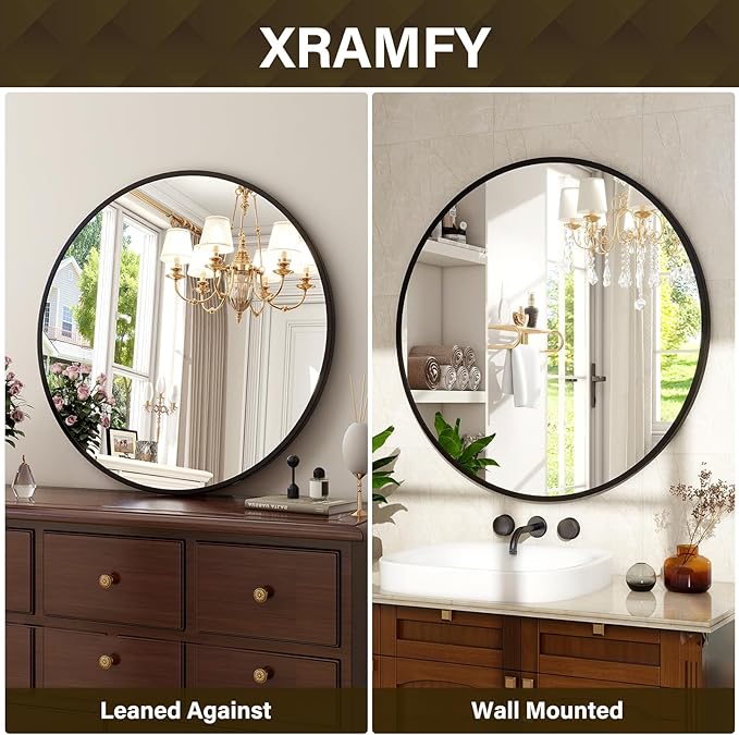 XRAMFY 24 Inch Round Mirror - Circle Mirrors for Bathroom, Entryway and Living Room Wall Decor, Modern Hanging Vanity Mirror, Matte Black Circle Decorative Wall Mirror