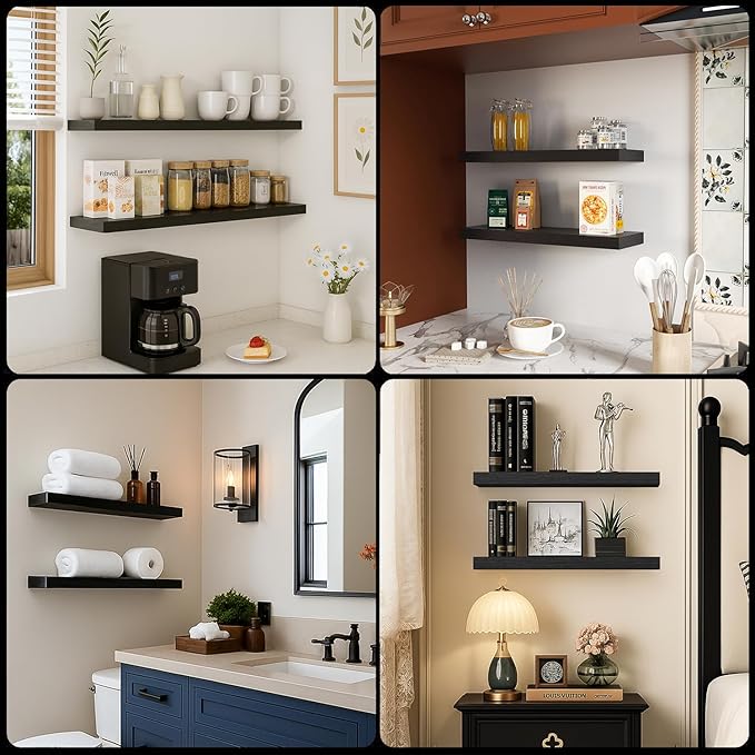 Floating Shelves for Wall, Bathroom Shelves Over Toilet, Wall Shelves & Book Shelf for Room, Hanging Shelf, Modern Wooden Mounted Floating Shelves, 24x7x1.5 in (Black, Set of 2)