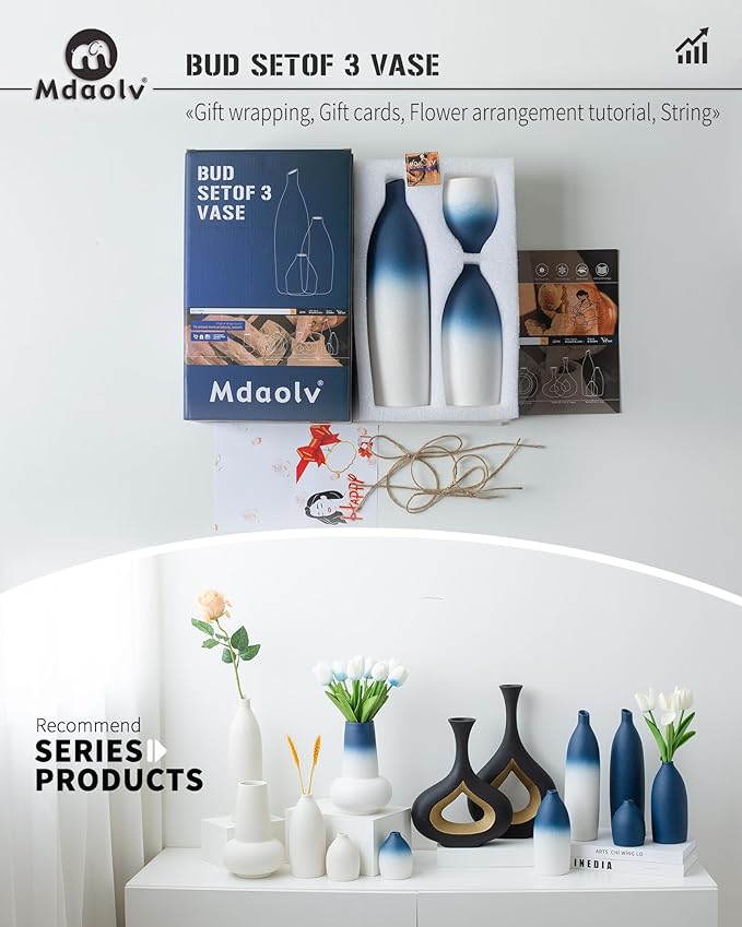Mdaolv Blue and White Vase Set Navy Blue Decor Coastal Decor Vases for Kitchen Island Living Room Office Table Fireplace Mantle Decorations & Bathroom Shelf Decor Centerpiece Table Decorations Ceramic