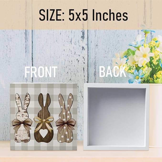 Easter Decor, Rabbit Wooden Box Sign, Rustic Easter Tiered Tray Decorations, Farmhouse Bunny Rabbit Decorative Table Centerpiece Sign for Party Home Kitchen Dining Table Decor 5x5