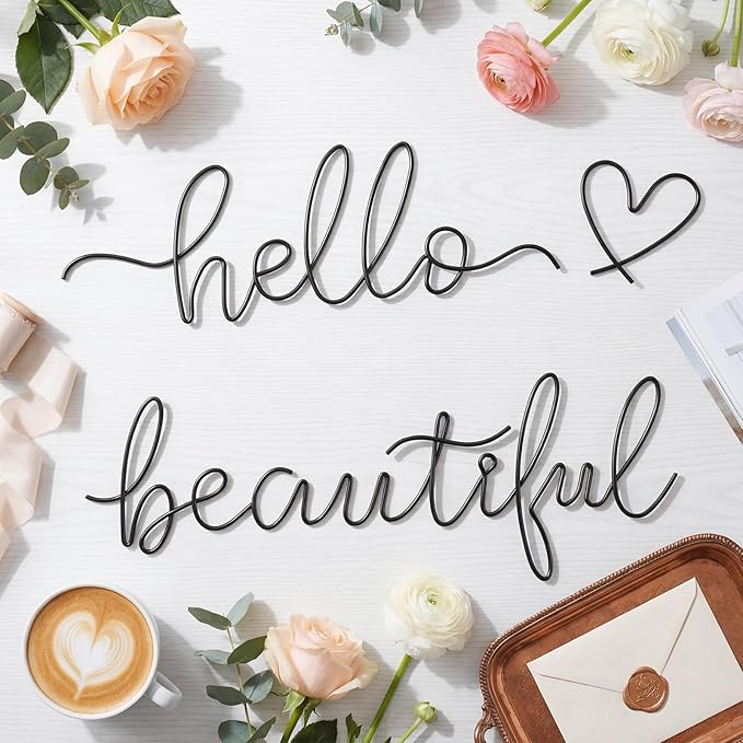 Hicarer Hello Gorgeous Metal Wall Art Decor Minimalist Decoration Metal Hello Gorgeous Decorative Sign for Living Room Office Bedroom Hotel Home Wall Decoration(Black,Lovely Style)