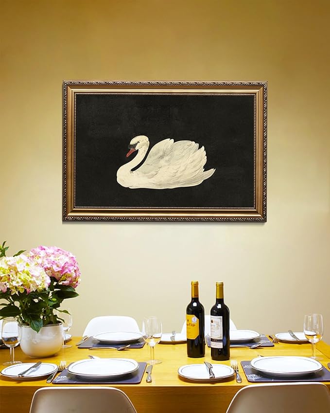 KBKBART Vintage Framed Wall Art for Living Room, White Swan Vintage Painting Canvas Wall Art Prints for Bathroom Wall Decor, Classical Gold Framed Animal Vintage Wall Decor Aesthetic for Bedroom, 16"x24"