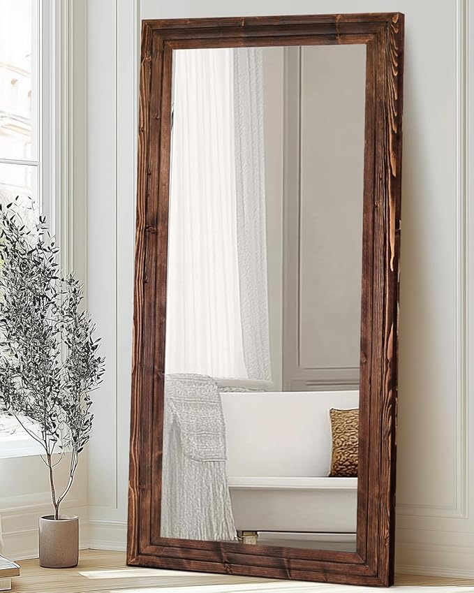 Full Length Mirror 76"x34" Solid Wood Frame Floor Large Mirror for Living Room, Bedroom Hanging or Leaning Wall-Mounted, Brown