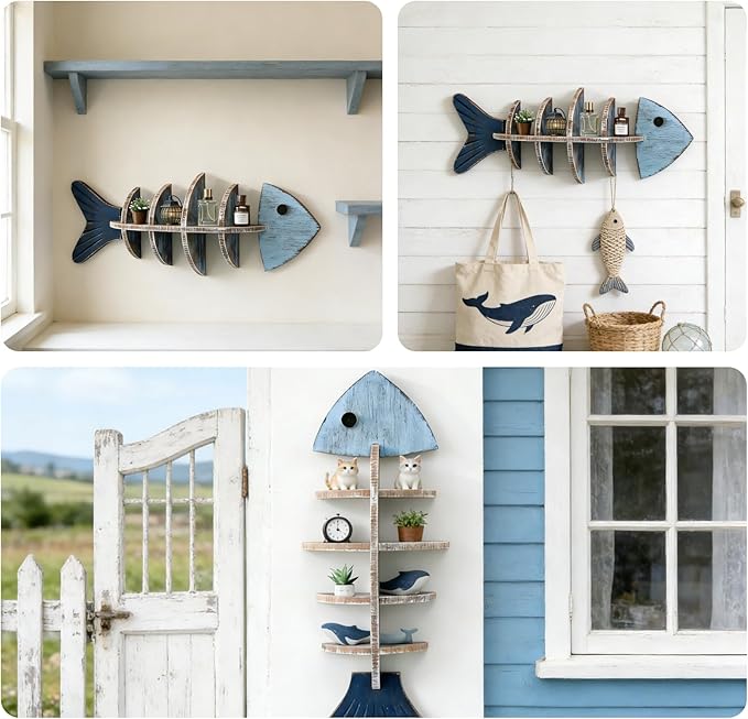 Rustic Wooden Fish Floating Shelf, Unique Fishing Decor Wall Mounted Organizer, Coastal Nautical Display Shelf for Lake House, Bathroom & Living Room