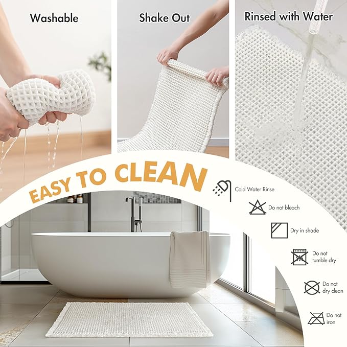 MIULEE Set of 2 Waffle Bathroom Rugs, Boho Bath Rugs Non Slip Washable, Super Absorbent Bath Mats, Ultra Soft Rubber Backed Shower Mats for Bathroom Floor, Tub and Shower, White, 18x30 Inch