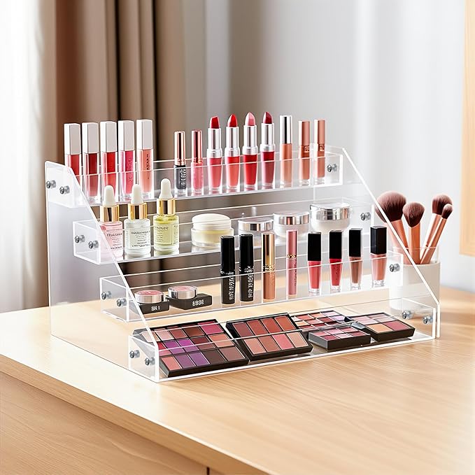 2 Pcs 12" Acrylic Riser Display Stands 4 Tier Clear Display Shelf Decorative, Skincare Organizers for Countertop, Tabletop, Collectibles, Nail Polish Perfume Organizer