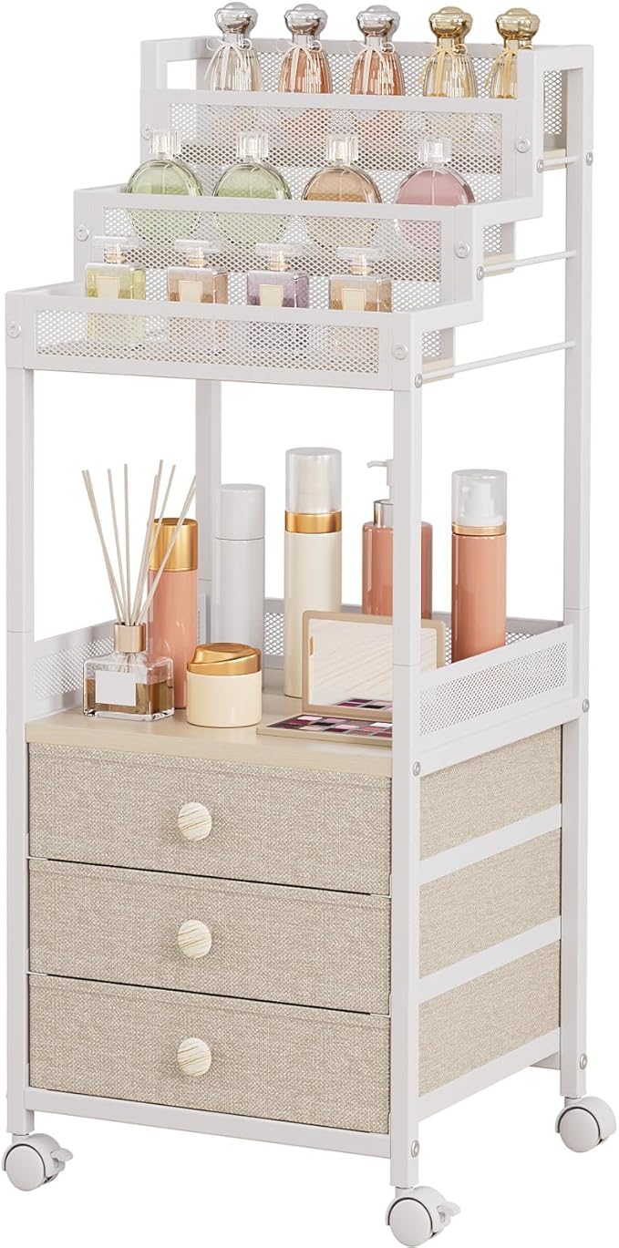 Makeup Organizer Storage Cart with Drawers, 13 Inch Large Rolling Skincare Organizer Cart, 3-Tier Vanity Organizer Stand for Cosmetics, Nail Polish, Perfume, Bathroom and Bedroom, White