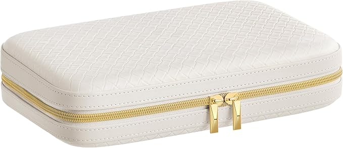 SONGMICS HOME Travel Jewelry Case, Jewelry Organizer Box with Mirror, Jewelry Pouch, Woven Embossed PU Leather, Hard Shell, Large Capacity, Gift Idea, Cloud White UJBC204W01
