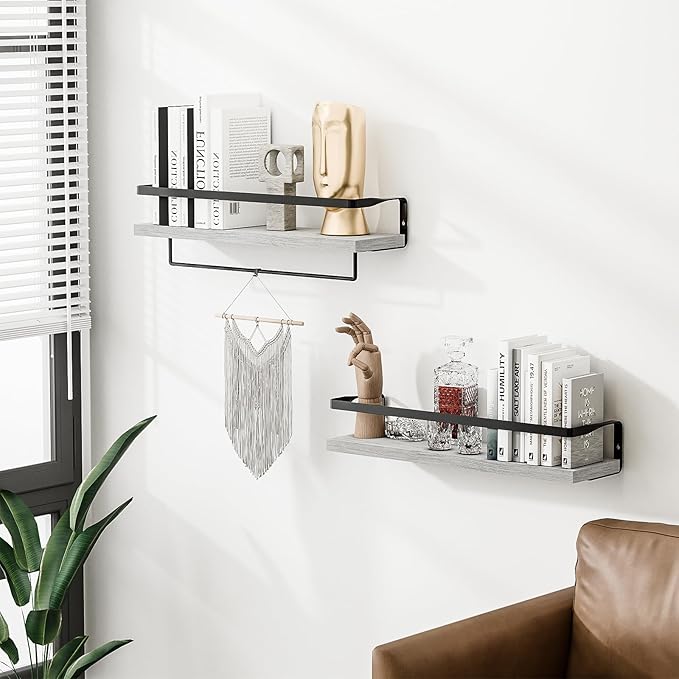 Bathroom Shelves with Towel Bar,Floating Shelves for Bathroom, Kitchen, Bedroom, Paulownia Wood, Matte Black Metal Frame - Set of 2 (White)