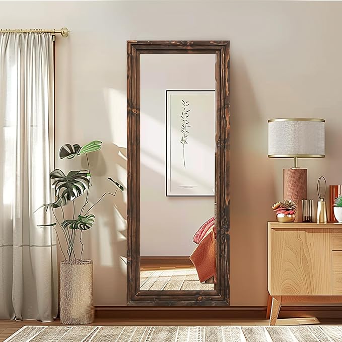 Full Length Mirror 58"x22" Solid Wood Frame Floor Large Mirror for Living Room, Bedroom Hanging or Leaning Wall-Mounted, Brown