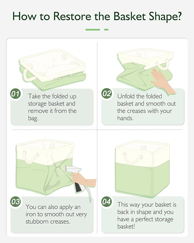 Patvingot 11 Inch Cube Storage Bins, 4 Pack Fabric Storage Cubes with Rope Handles, Organizer Baskets for Closet Shelves, Clothes and Home Organization(White/Green)