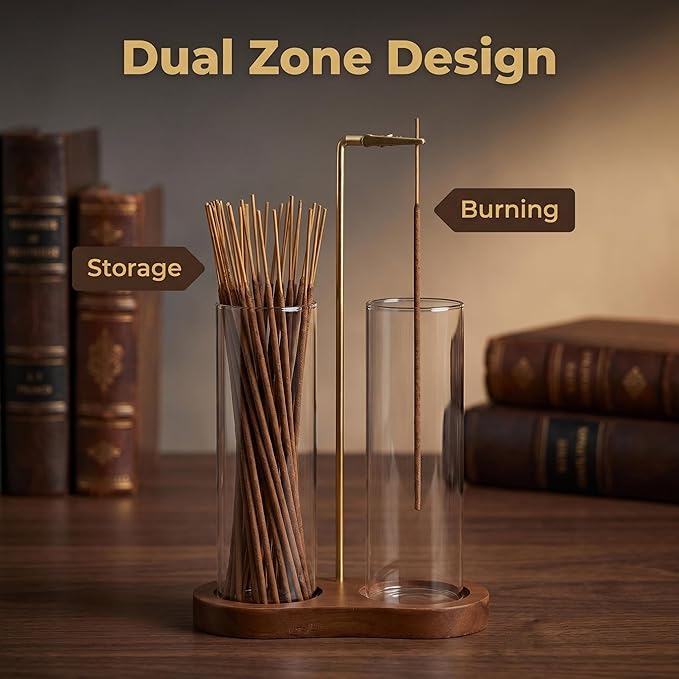 Incense Holder,2 in 1 Incense Sticks Burner Holder with Storage,Hang Upside Down Incense Holder for Sticks with Glass Ash Catcher for Meditation Yoga Spa Room Decor (Brown)