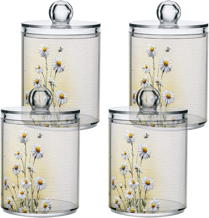 2 Pack Apothecary Jars Little Daisies and Black Cats Bathroom Vanity Storage Organizer Set,Small Clear Plastic Storage Jars Bathroom Canister for Cotton Swabs, Rounds, Balls, Qtips,Makeup Spong
