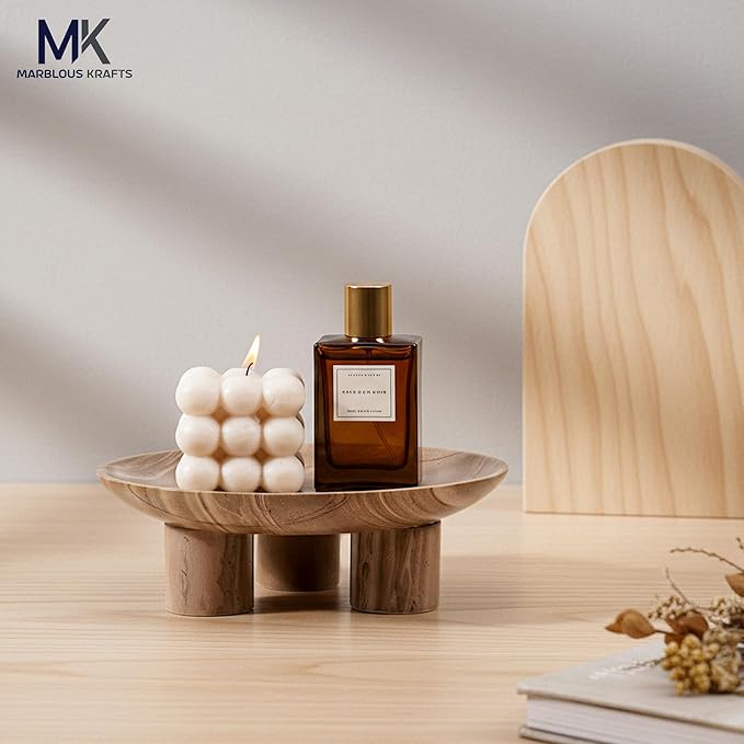 Marble Natural Brown Decorative Tray 8' Inch Vanity Tray for Perfume and Jewelry Storage, Stylish Bathroom Countertop and Kitchen Decor