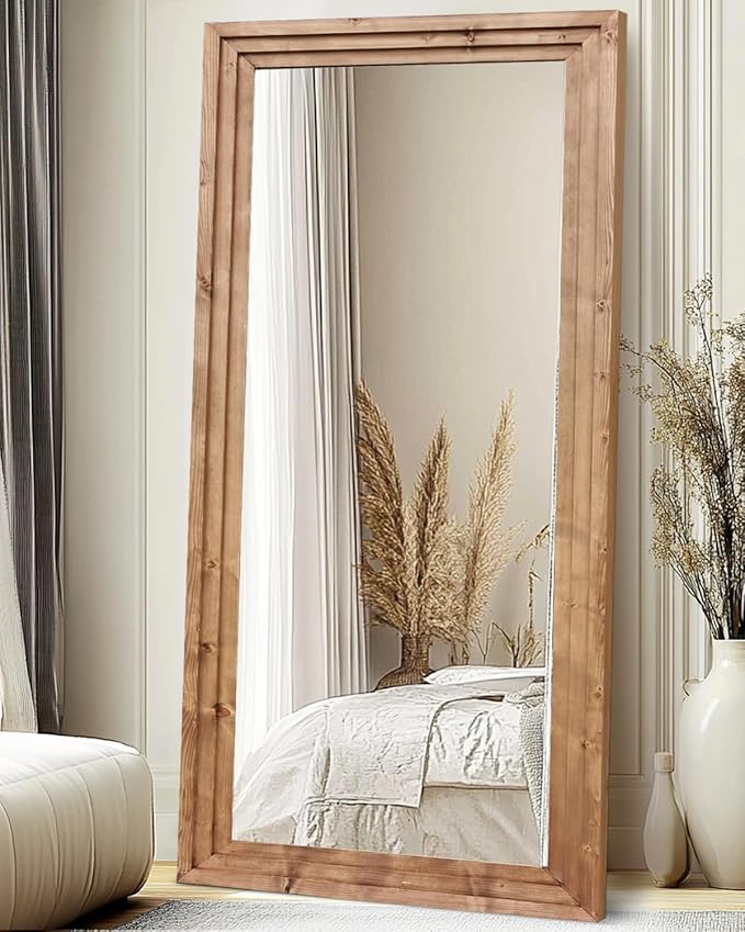 Full Length Mirror 76"x34" Solid Wood Frame Floor Large Mirror for Living Room, Bedroom Hanging or Leaning Wall-Mounted, Light Brown