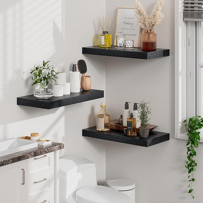 Heimlove 12inch Deep Floating Shelves for Wall, Mounted Shelves 24" W x 12" D x 1.5" H, wall Shelf for Bedroom Living Room Bathroom Kitchen Home Office, Set of 1, Black