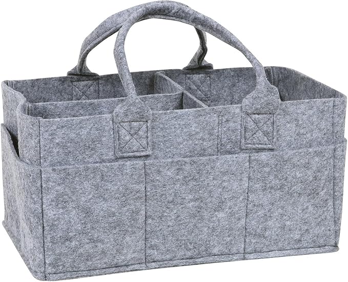 Sammy & Lou Collapsible Light Gray Felt Storage Caddy, Divided Design To Keep Diapers, Wipes And Changing Items Organized, Two Handles, 11.5"D x 6"W x 8"H
