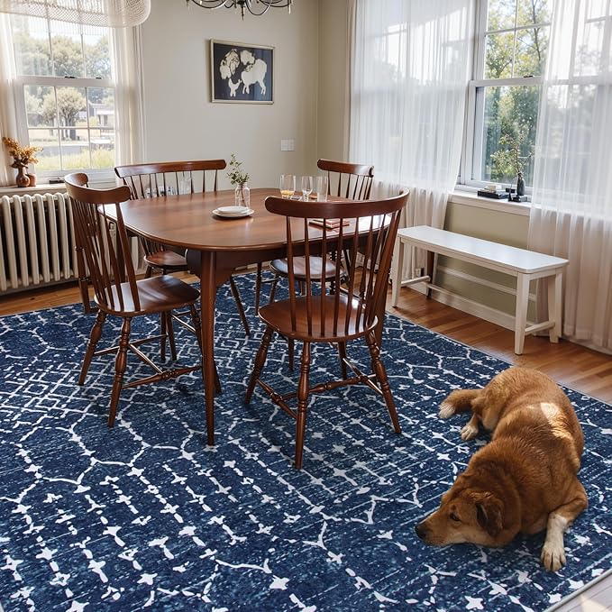 Lahome Moroccan Washable Area Rugs 6x9 Non-Slip Ultra-Thin Soft Living Room Carpet, Modern Geometric Print Stain Resistant Rug Carpet for Bedroom Dining Room Office, Blue Hana