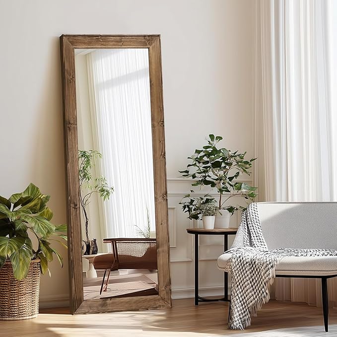 Full Length Mirror 58"x22" - Beveled Edge Rustic Brown Dressing Mirror, Solid Wood Frame, Wall Mounted or Leaning for Bedroom, Entryway, Living Room
