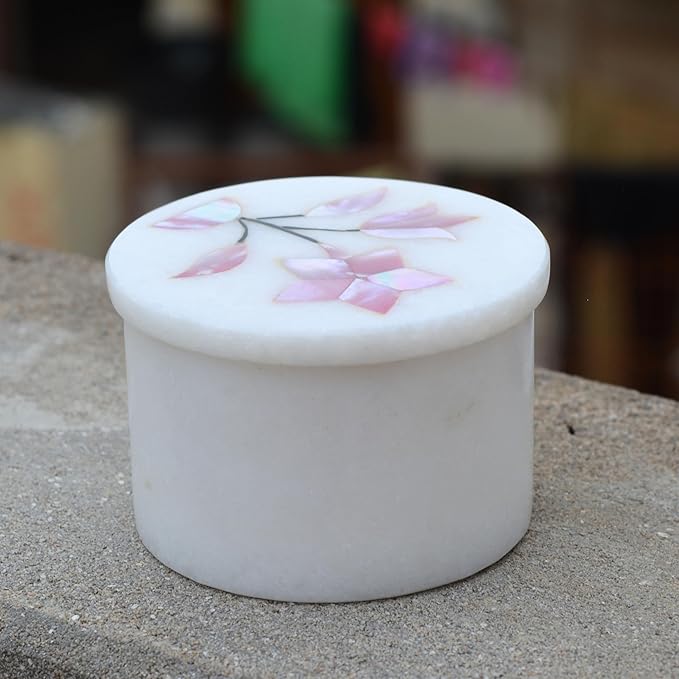Marble Round Small Jewelry Box 2.5 Inch – Hand Carved Floral Design with Mother of Pearl Inlay – Alabaster Trinket Box, Makeup Organizer & Jewelry Holder – Decorative Gift for Women