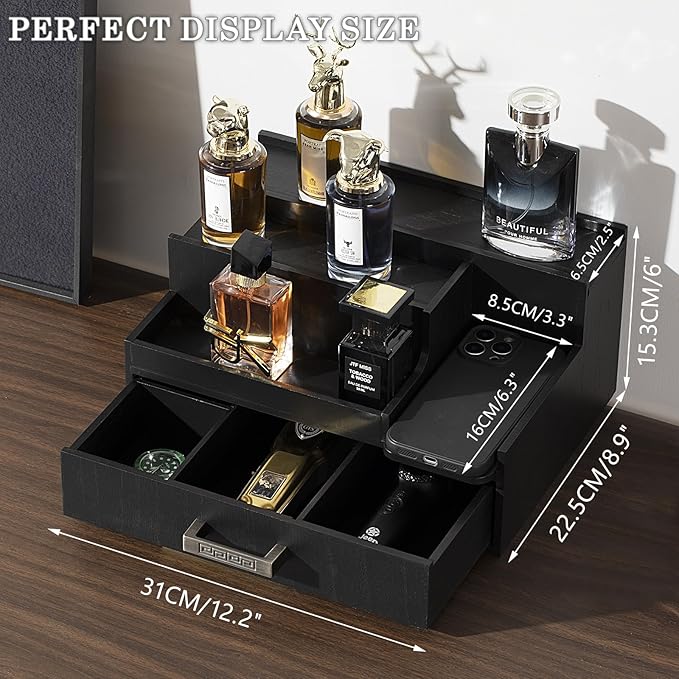 Cologne Organizer for Men, 3 Tier Perfume Display Stand with Drawer and Hidden Compartments, Stylish Wooden Mens Cologne Holder for Dresser Storage, Great Gift for Men/Fathers, Black