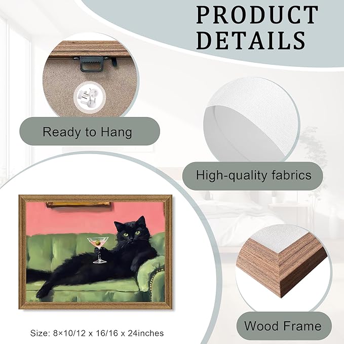 Fantasy Artists Humorous Black Cat Character Wall Art – Relaxed Anthropomorphic Illustration with Playful Attitude, Framed Canvas for Living Room, Office or Creative Space, 16W X 24H