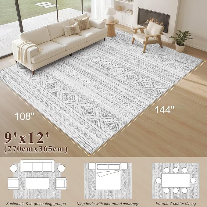cotiled 9x12 Area Rug Living Room: Washable Boho Rugs with Non Slip Backing Large Soft Indoor Stain Resistant Carpet for Bedroom Farmhouse Dining Room Lightweight Home Decor Light Grey