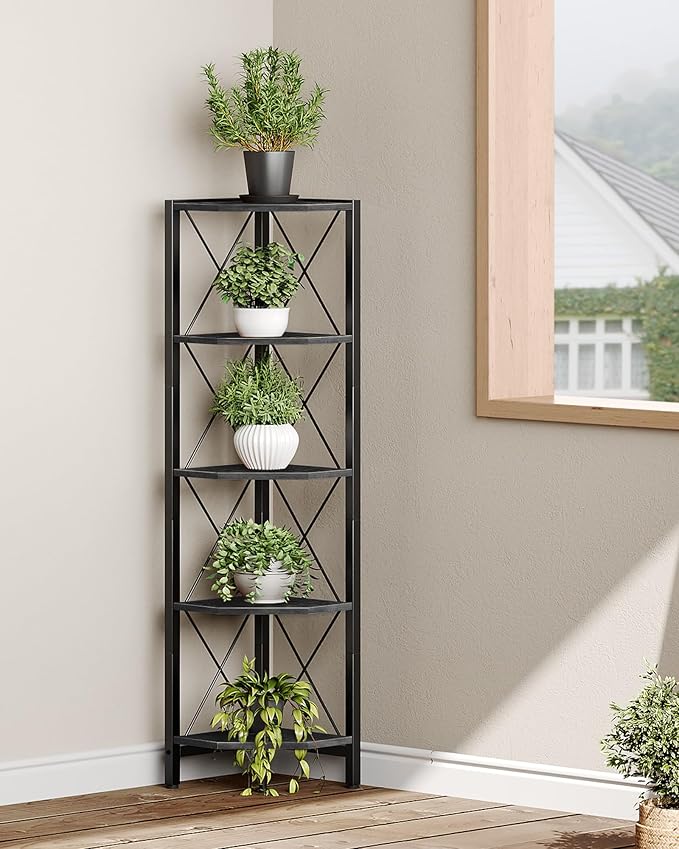 CHOEZON 5-Tier Corner Shelf, Corner Bookcase, 55.2" Tall Vertical Display Rack, Plant Stand, Open Storage Shelf, for Living Room, Bedroom, Study, Kitchen, Black TCJ12BB