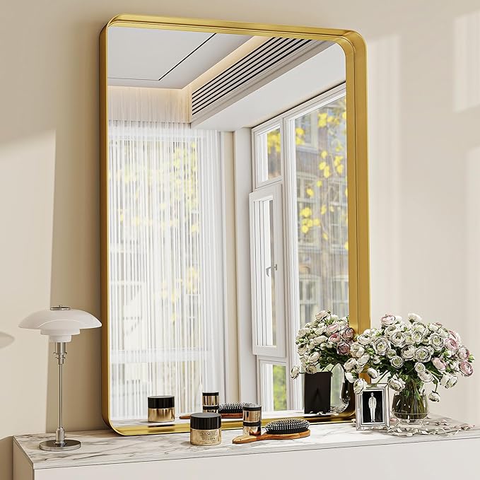 Bathroom Mirrors for Over Sink 24 x 32 Inch Rounded Rectangle Bathroom Vanity Mirror Bathroom Mirror for Wall Hangs Horizontally or Vertically for Living Room Bedroom Entryway Gold
